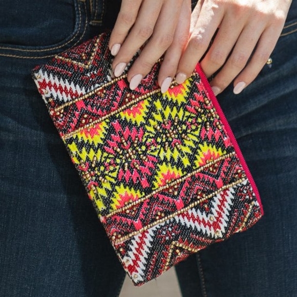 Handmade Hand Beaded Wristlet Clutch - Ethnic Inspired Design - Dyed Fine Cotton - Picture 9 of 9